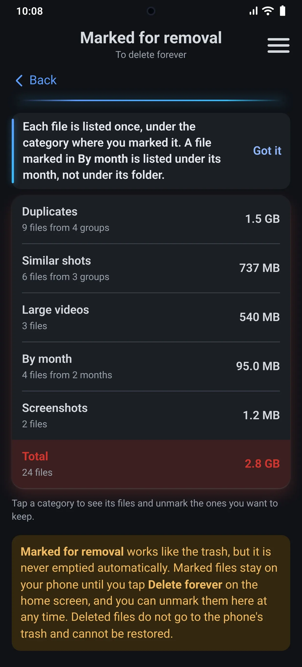 Marked for removal: the marked files of each category, and their total size