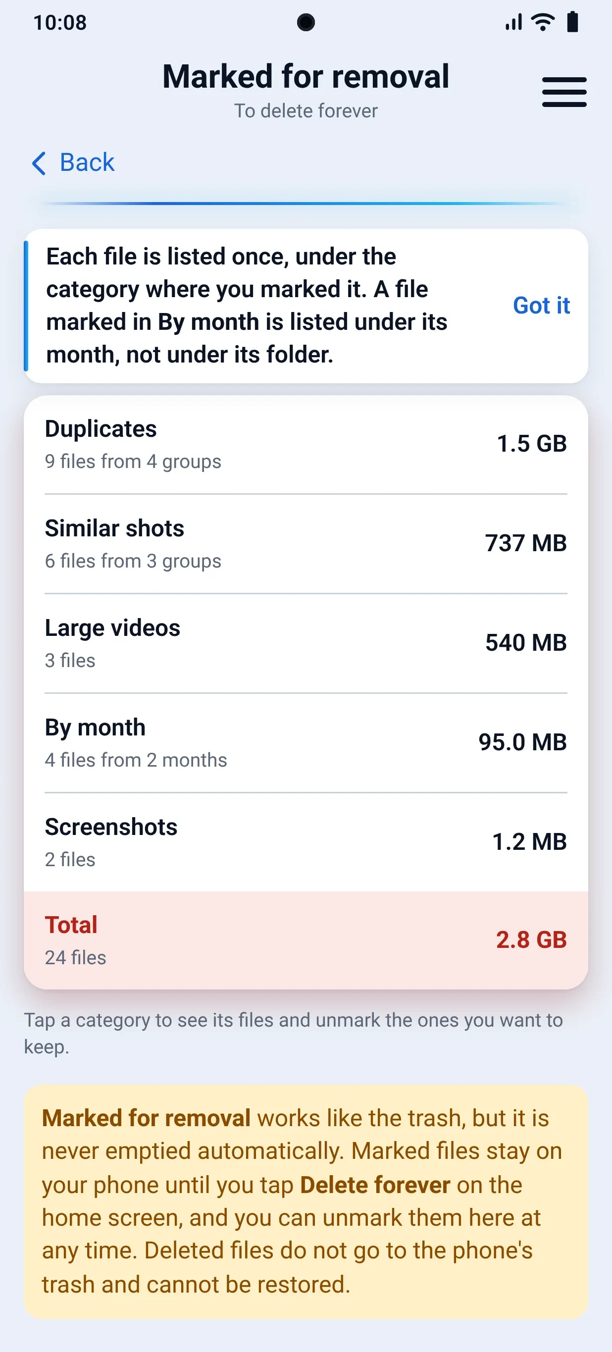 Marked for removal: the marked files of each category, and their total size