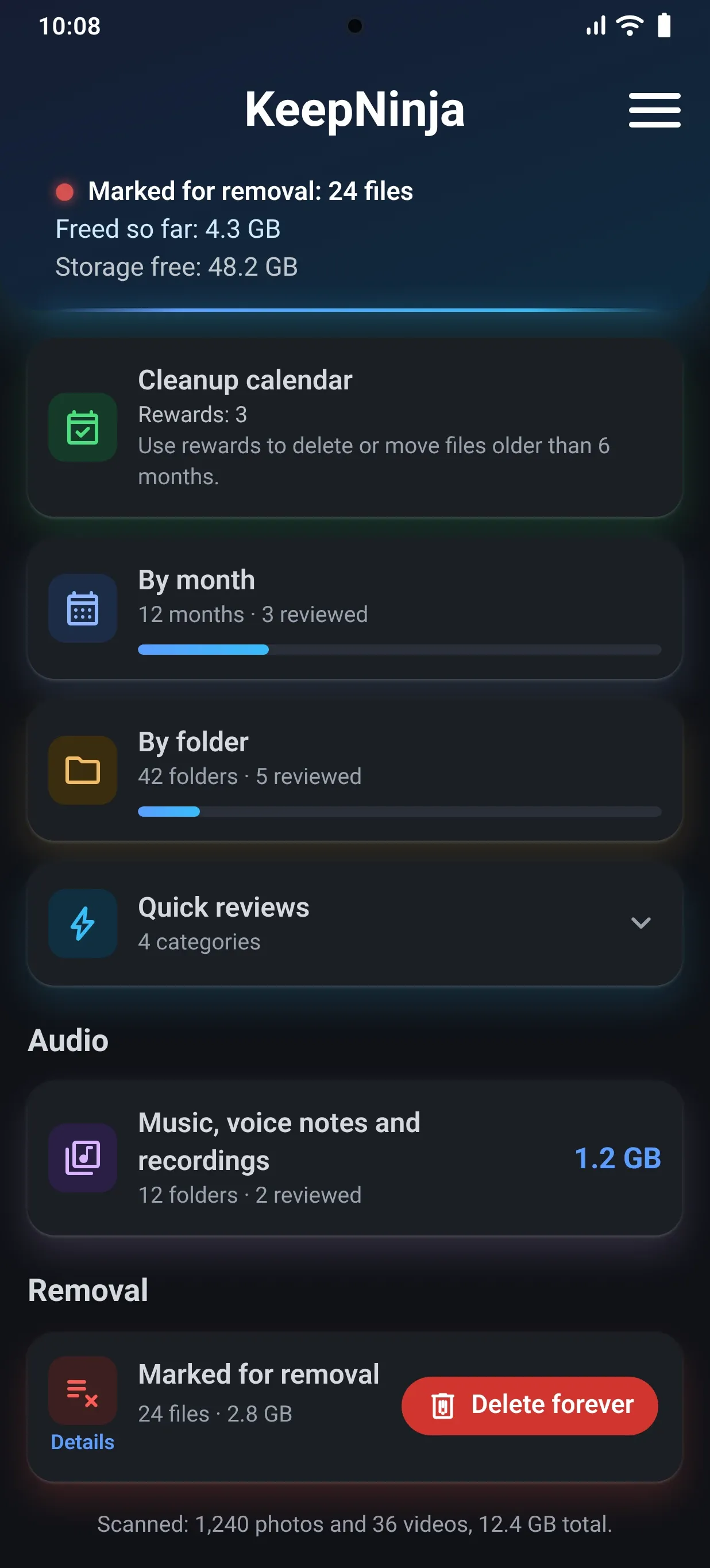 The KeepNinja home screen, with the categories and the files marked for removal
