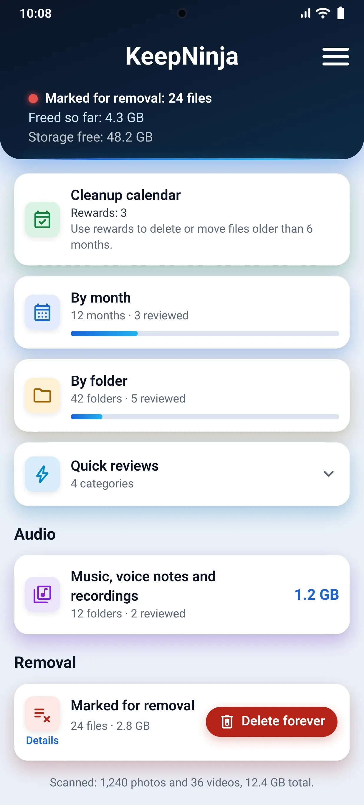 The KeepNinja home screen, with the categories and the files marked for removal