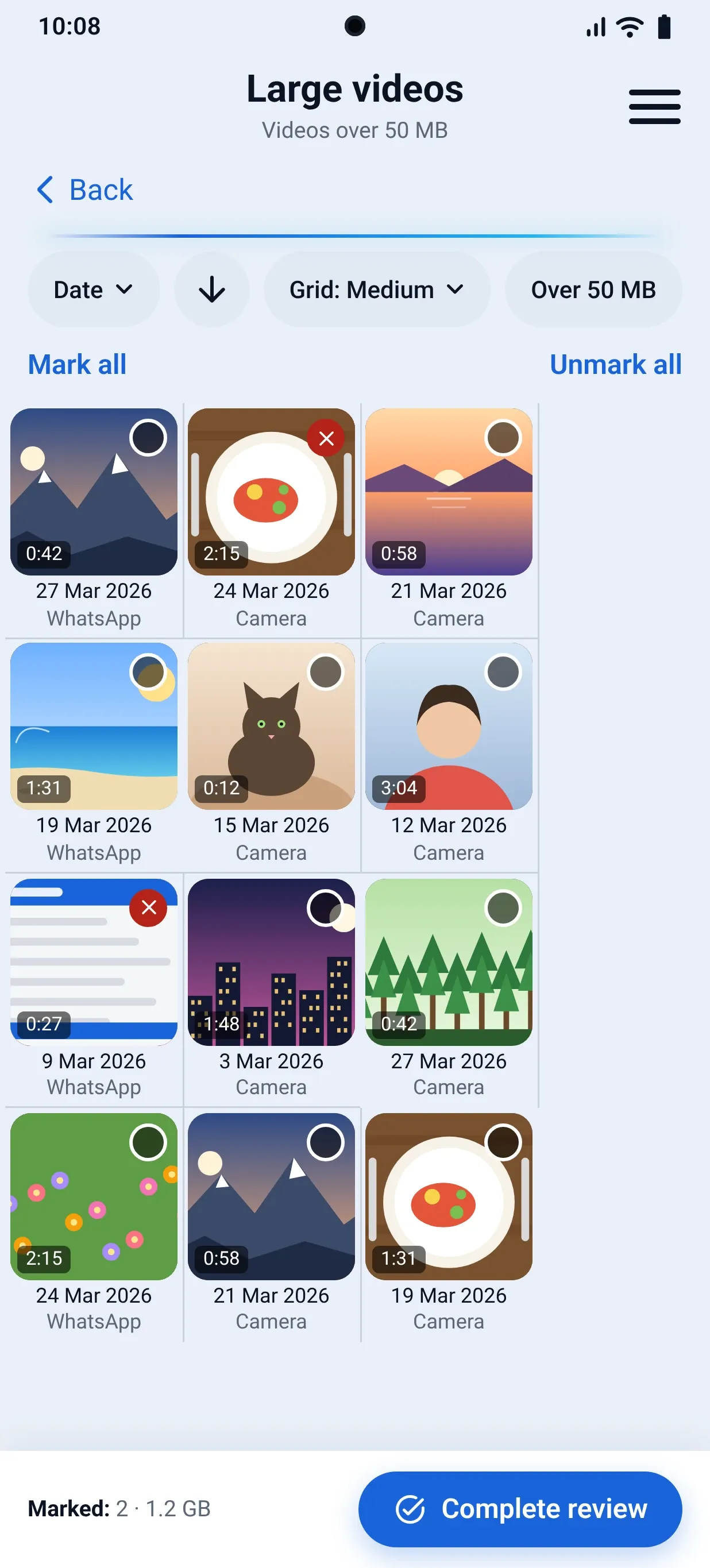 Large videos in a grid, with two videos marked for removal